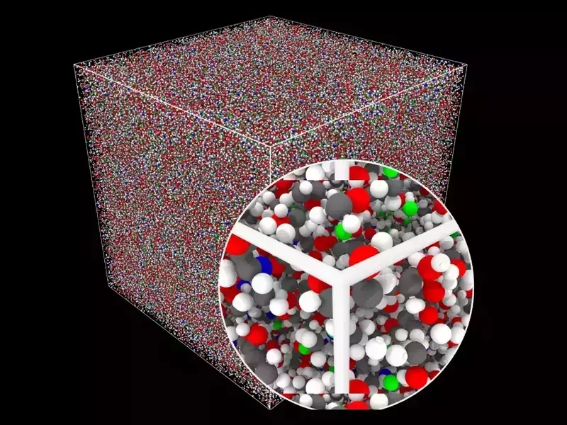 3D cube showing a dense collection of red, white, blue, green, and gray molecular spheres. An inset magnifies a section, revealing the close arrangement of the colored spheres and a white grid-like structure.