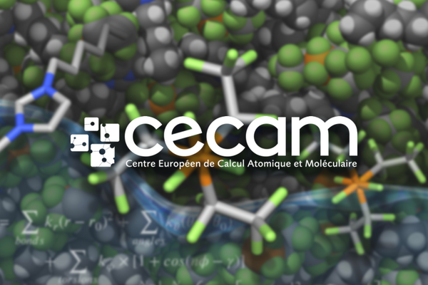 White "cecam" logo with an abstract geometric icon, over a blurred background of green and gray molecular models and scientific equations. Below the logo is "Centre Européen de Calcul Atomique et Moléculaire".
