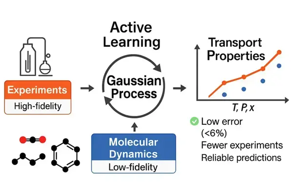 Active Learning combines high-fidelity experiments and low-fidelity molecular dynamics to predict transport properties with low error.