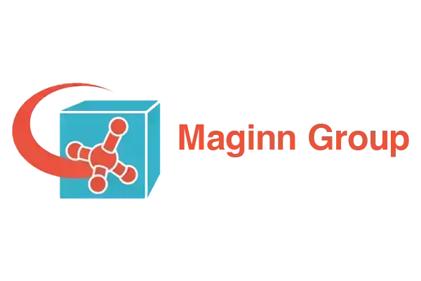 Maginn Group logo: Teal cube, red molecular shape, red curved arrow, and red text "Maginn Group."