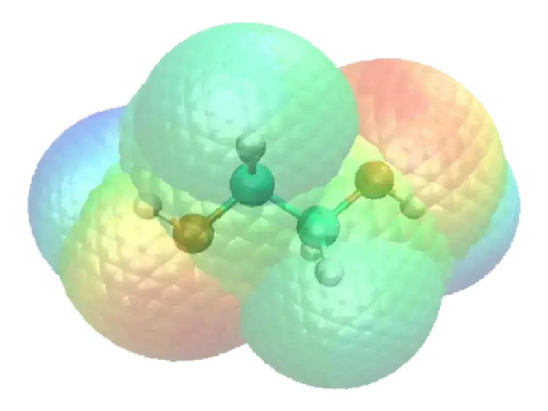 3D molecular model with central teal and gold atoms, surrounded by a transparent blue-green-orange-red electrostatic potential map.